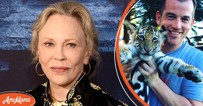 Faye Dunaway at the Premiere Of HBO's "Game Of Thrones" Season 6, 2016, Hollywood, California [Left] Liam Dunaway O'Neill pictured holding a tiger cub in 2016 on Instagram [right] | Photo: Getty Images & Instagram/lwdo32