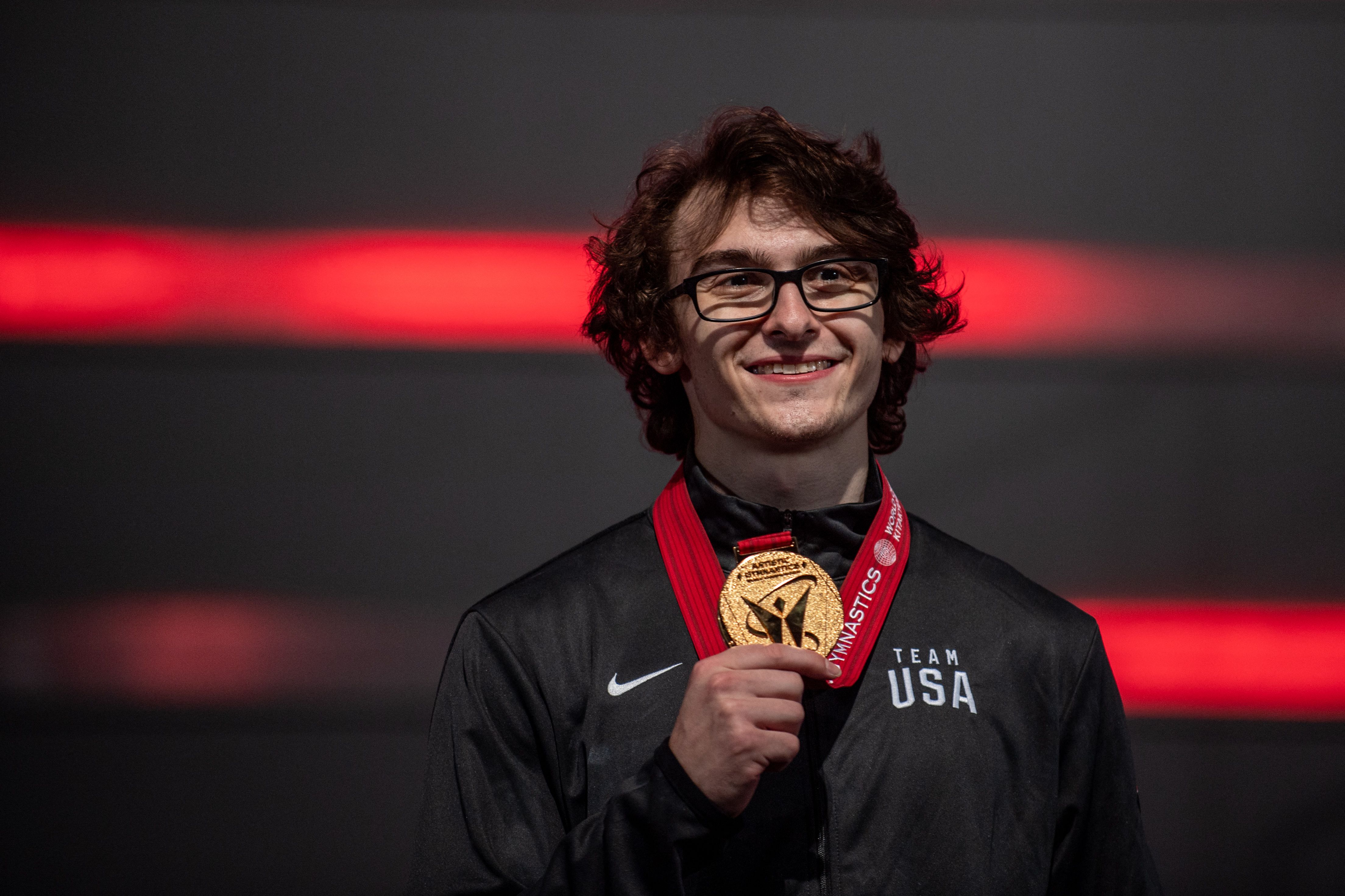 Stephen Nedoroscik  poses during the medal ceremony for the pommel horse event at the men's apparatus finals during the Artistic Gymnastics World Championships at the Kitakyushu City Gymnasium in Kitakyushu, Fukuoka prefecture on October 23, 2021 | Source: Getty Images