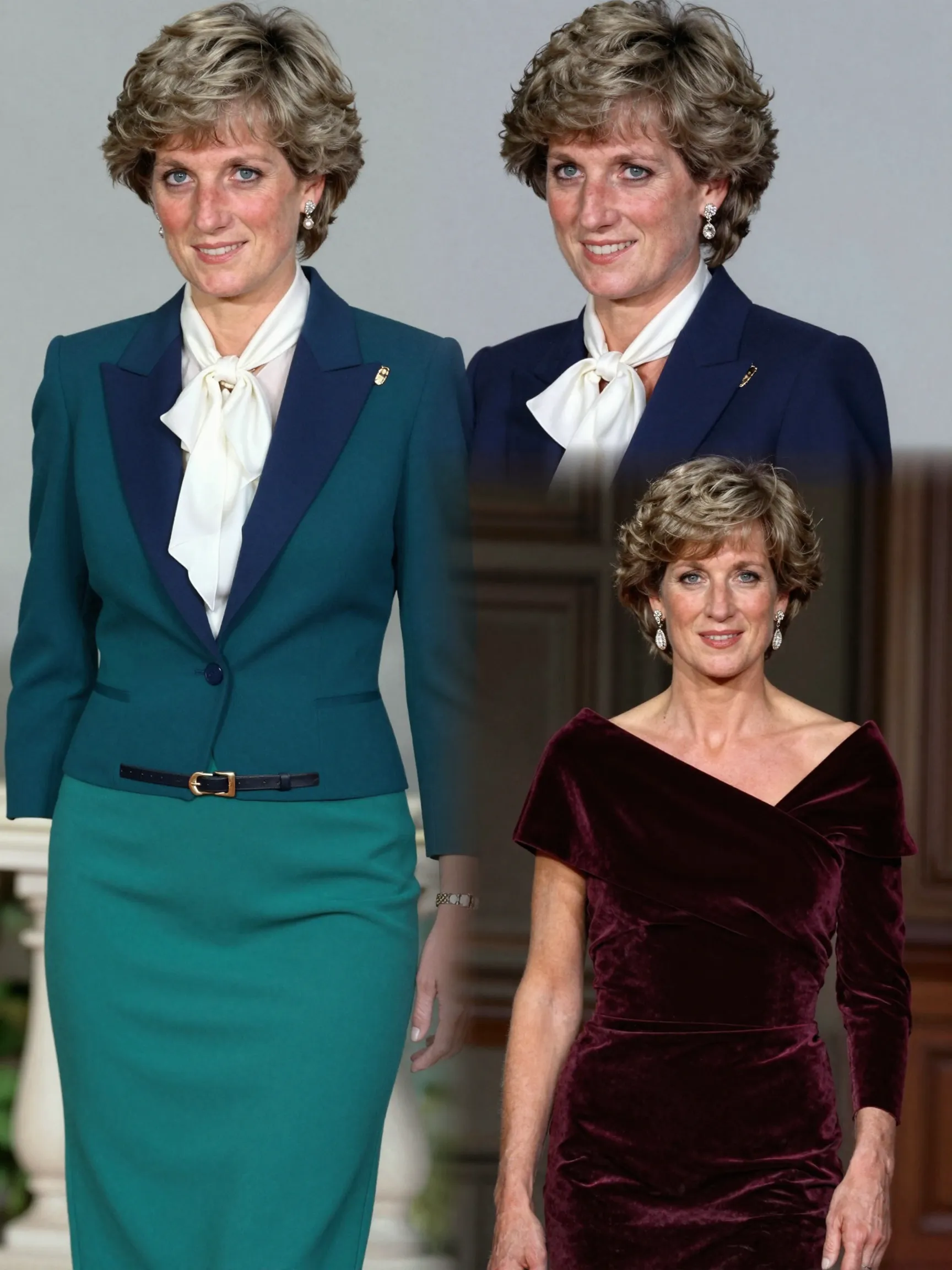 This AI composite captures three interpretations of Princess Diana later in life, each styled distinctly — from a teal skirt suit and bow blouse to a deep burgundy velvet gown. The variety reflects the many roles she could have embraced: stateswoman, humanitarian, mother, and fashion icon. | Source: Grok