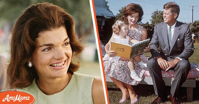 A portrait of former first lady Jackie Kennedy [left], Jackie Kennedy and J.F. Kennedy with their child reading a book [right] | Photo: Getty Images
