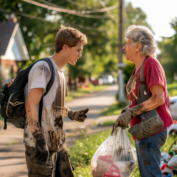 A young man in muddied clothes is talking to an elderly garbage lady in a neighborhood | Source: Midjourney