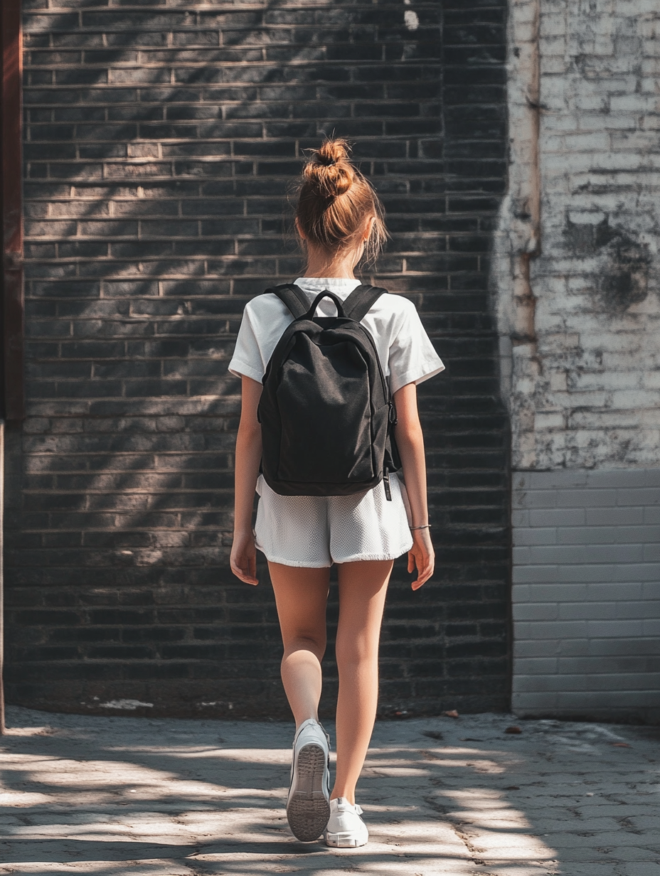 A little girl walking with her backpack | Source: Midjourney