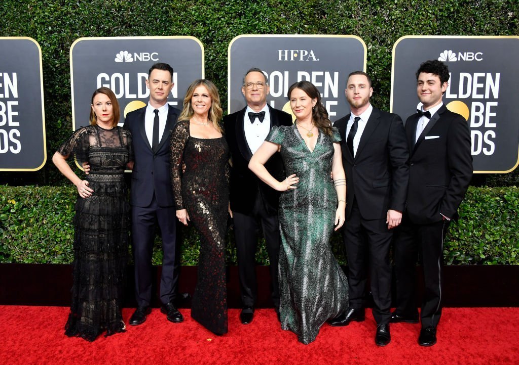 Cecile B. DeMille awardee Tom Hanks is surrounded by his family at the Golden Globe Awards on January 5, 2020. From L-R, Samantha Bryant, Colin Hanks, Rita Wilson, Tom Hanks, Elizabeth Ann Hanks, Chet Hanks, and Truman Hanks. | Photo: Getty Images 