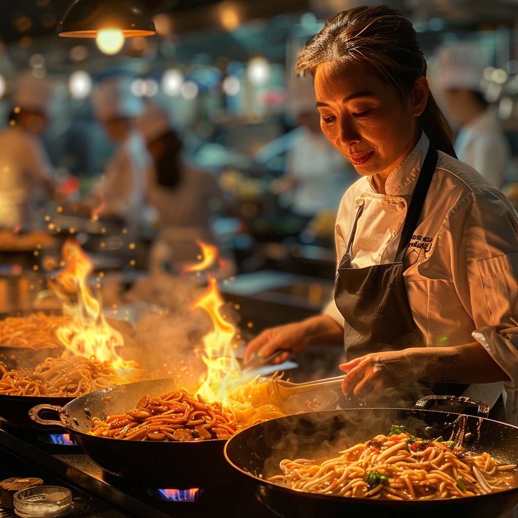 Asian middle-aged chef cooking in the restaurant | Midjourney