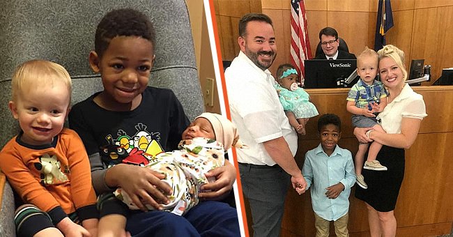 Milo, Nash and Onni [left]; Joseph and Shanna Weight with Milo, Nash and Onni in a courtroom [right]. | Source: facebook.com/shanna.blackburnweight