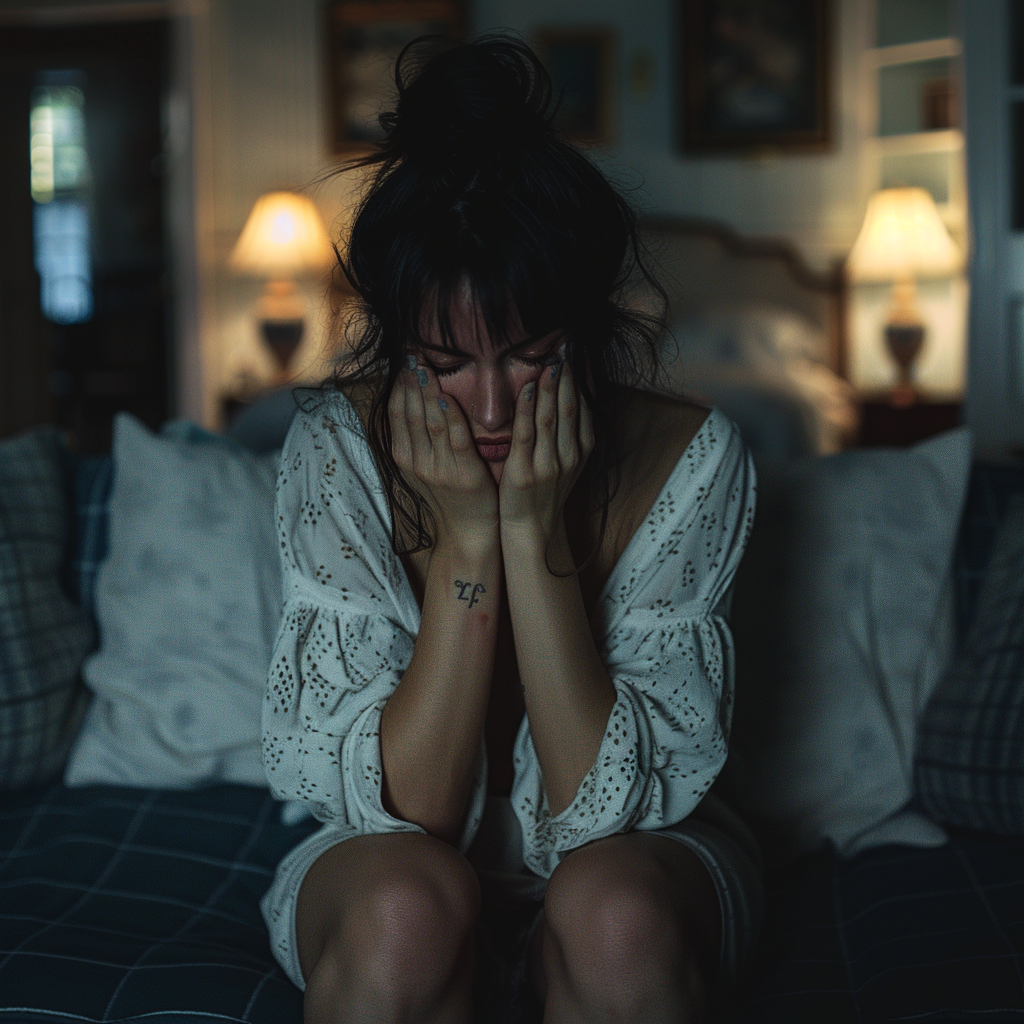 A distraught woman sitting on the couch covering her face with her hands | Source: Midjourney