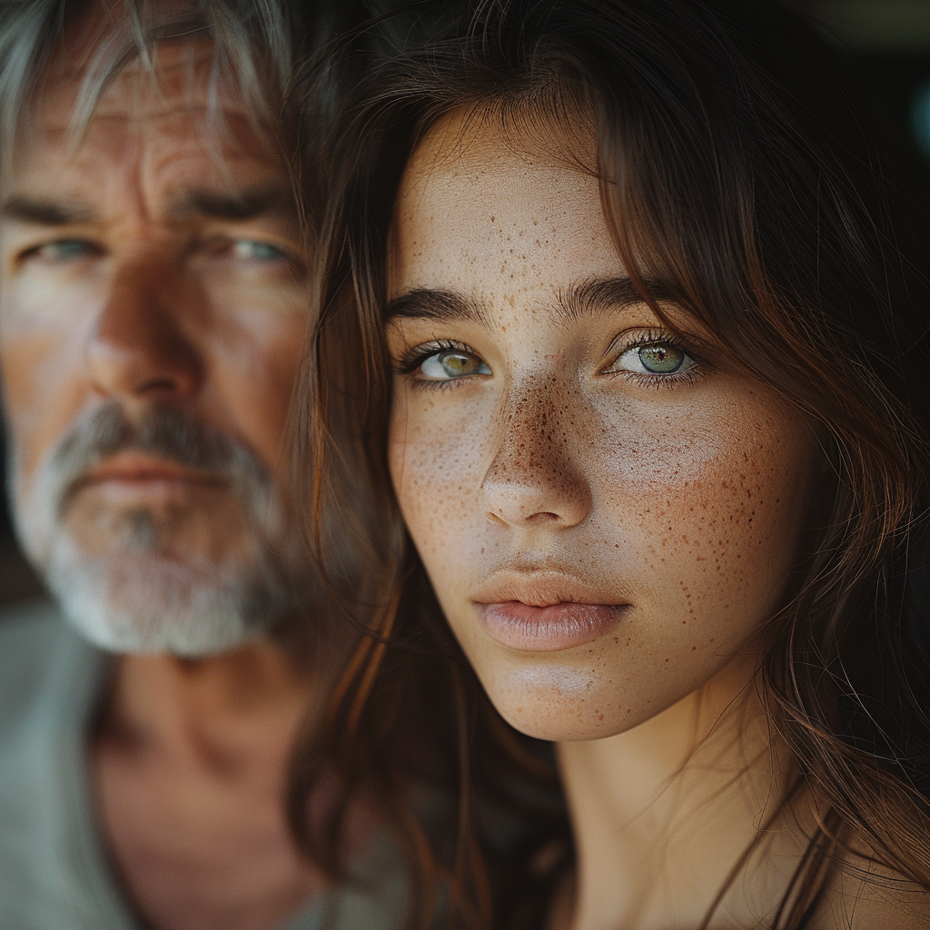 Sad girl looking at the camera with her father behind her | Source: Midjourney