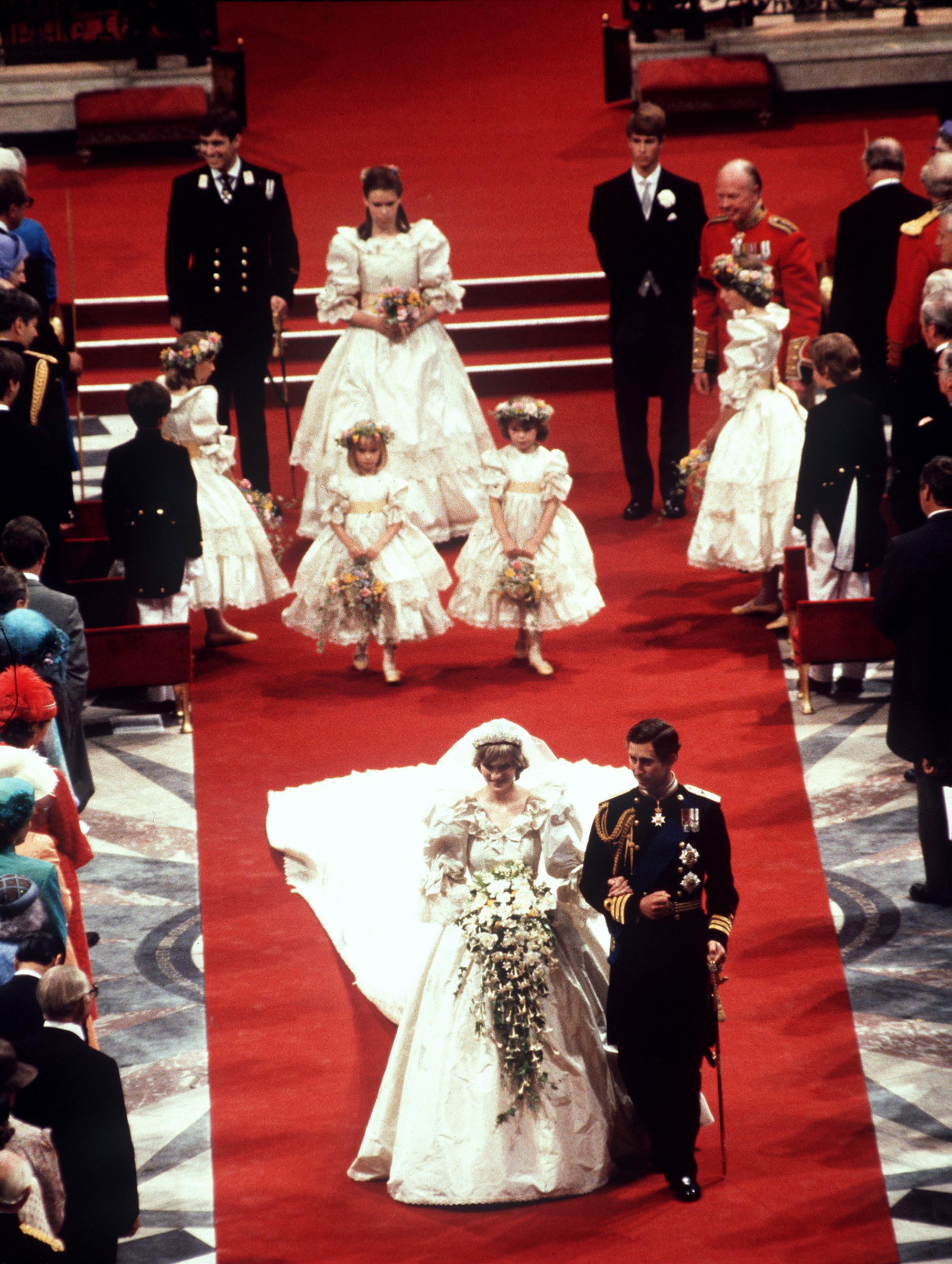 Princess Diana and Prince Charles with their bridesmaids and pageboys: Celementine Hambro, Catherine Cameron, India Hicks, Sarah Jane Gaselee, Edward Van Cutsem, Lord Nicholas Windsor, Sarah Armstrong-Jones at St Paul's Cathedral on July 29, 1981, in London, England. | Source: Getty Images