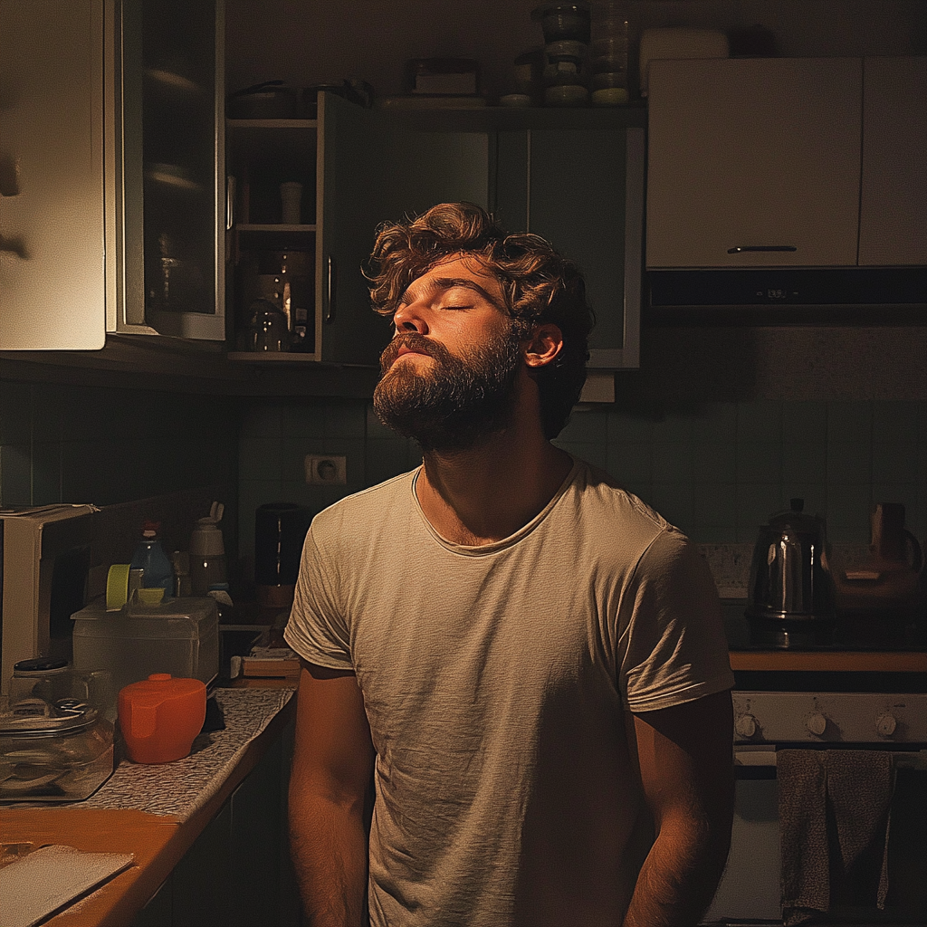 A sleepy man in the kitchen | Source: Midjourney