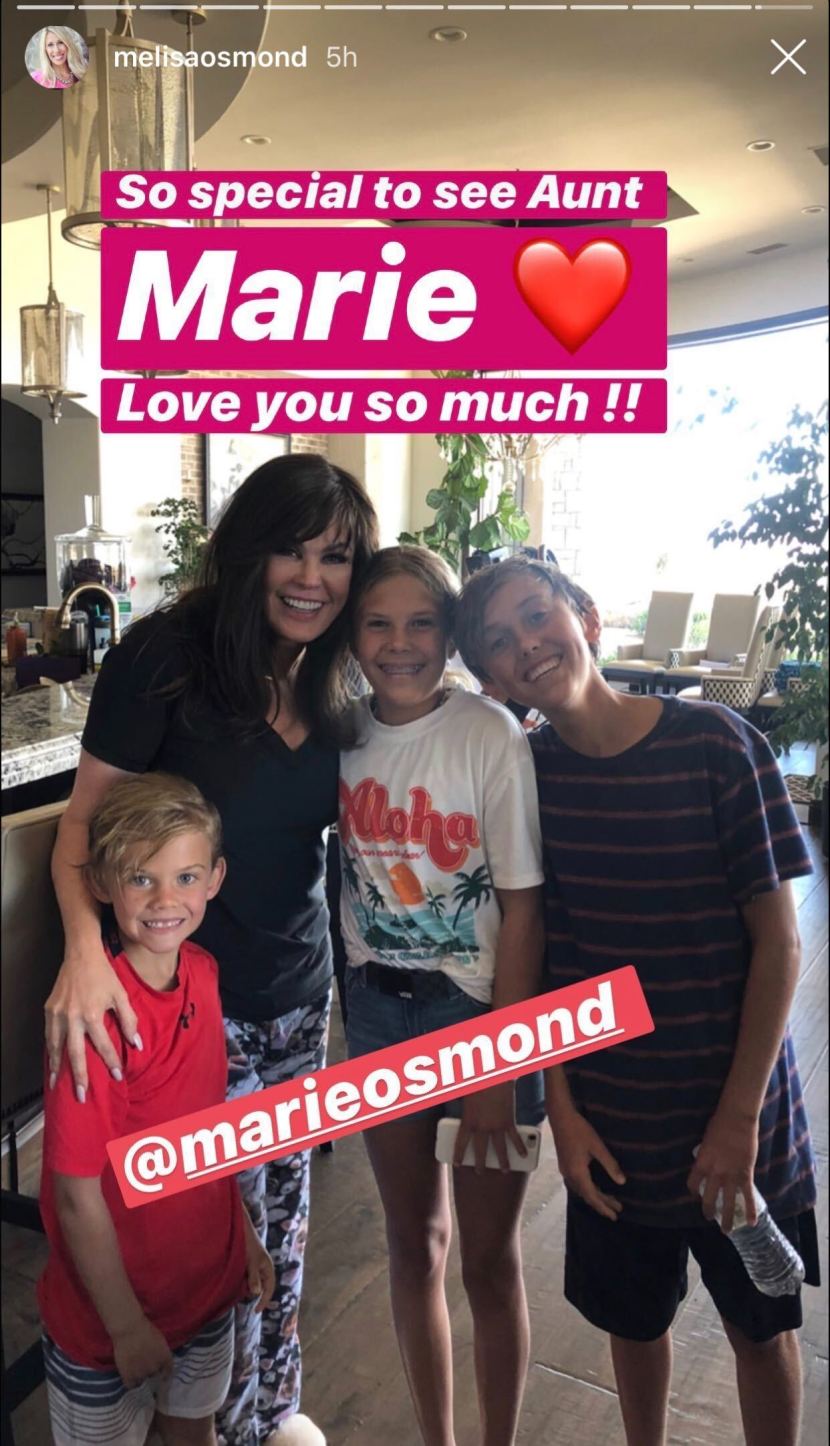 Melisa Osmond shared her happiness that aunt Marie Osmond joined them for the day to celebrate Jeremy Osmond's birthday, on June 8, 2020. | Source: Instagram/Stories/melisaosmond.