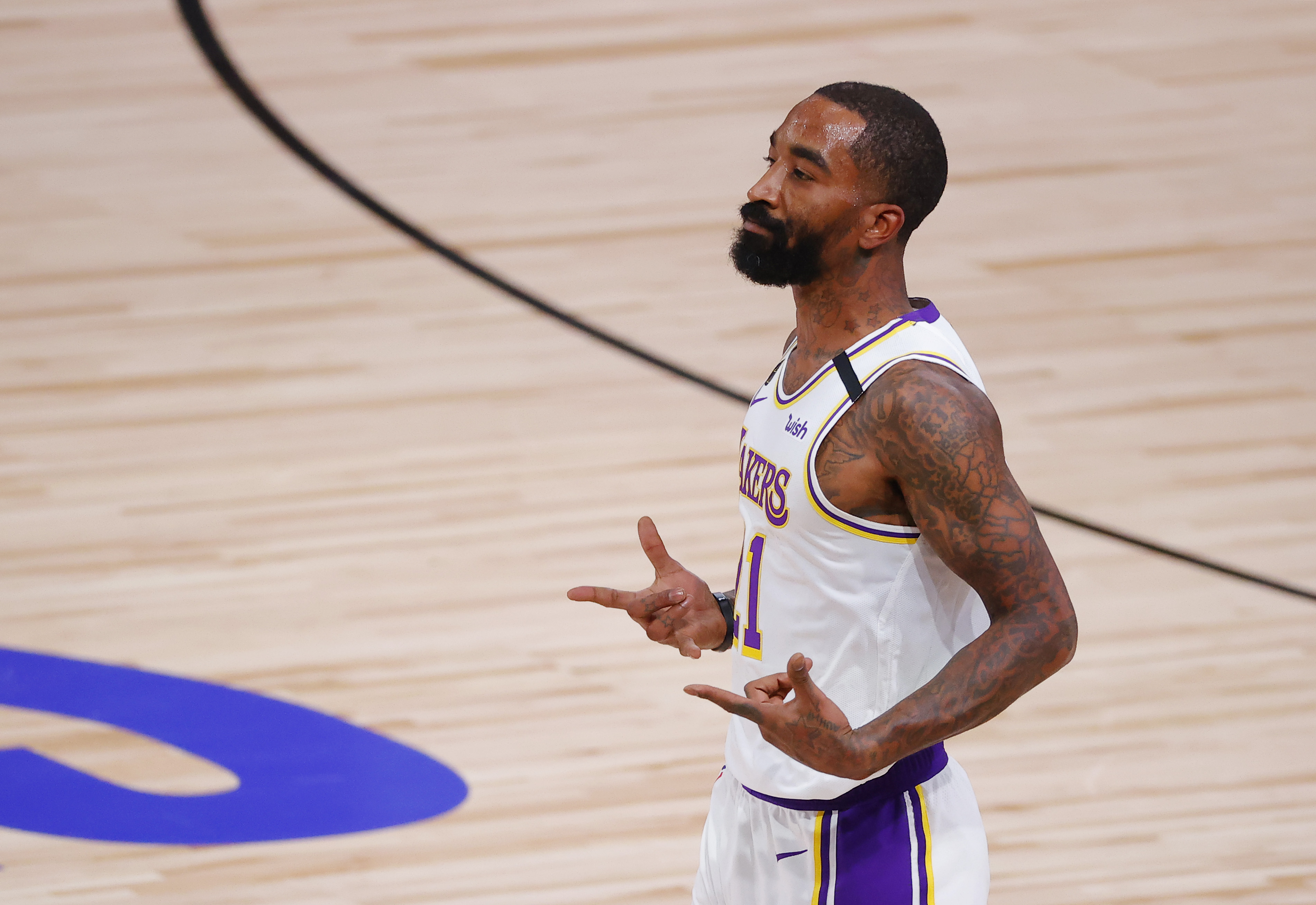 JR Smith of the Los Angeles Lakers is pictured during Game Three of 2020 NBA Finals against Miami Heat at ESPN Wide World of Sports Complex on October 4, 2020, in Lake Buena Vista, Florida  | Source: Getty Images