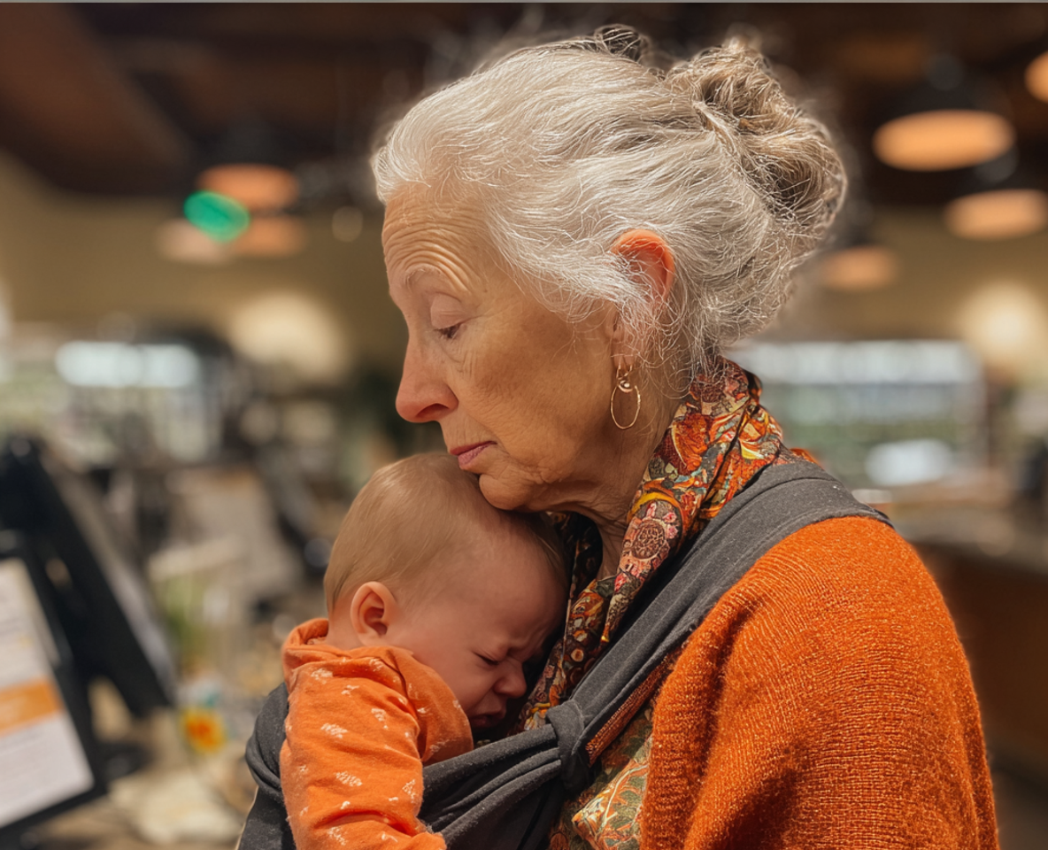 An overwhelmed older woman holding a crying baby | Source: Midjourney