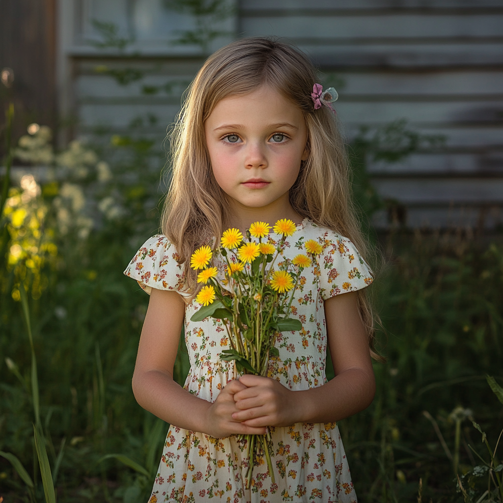 A girl holding a posy of dandelions | Source: Midjourney