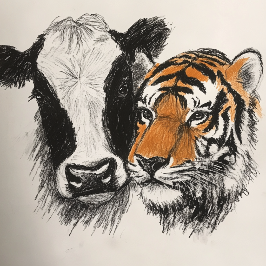 Drawing of a cow and a tiger | Source: Midjourney