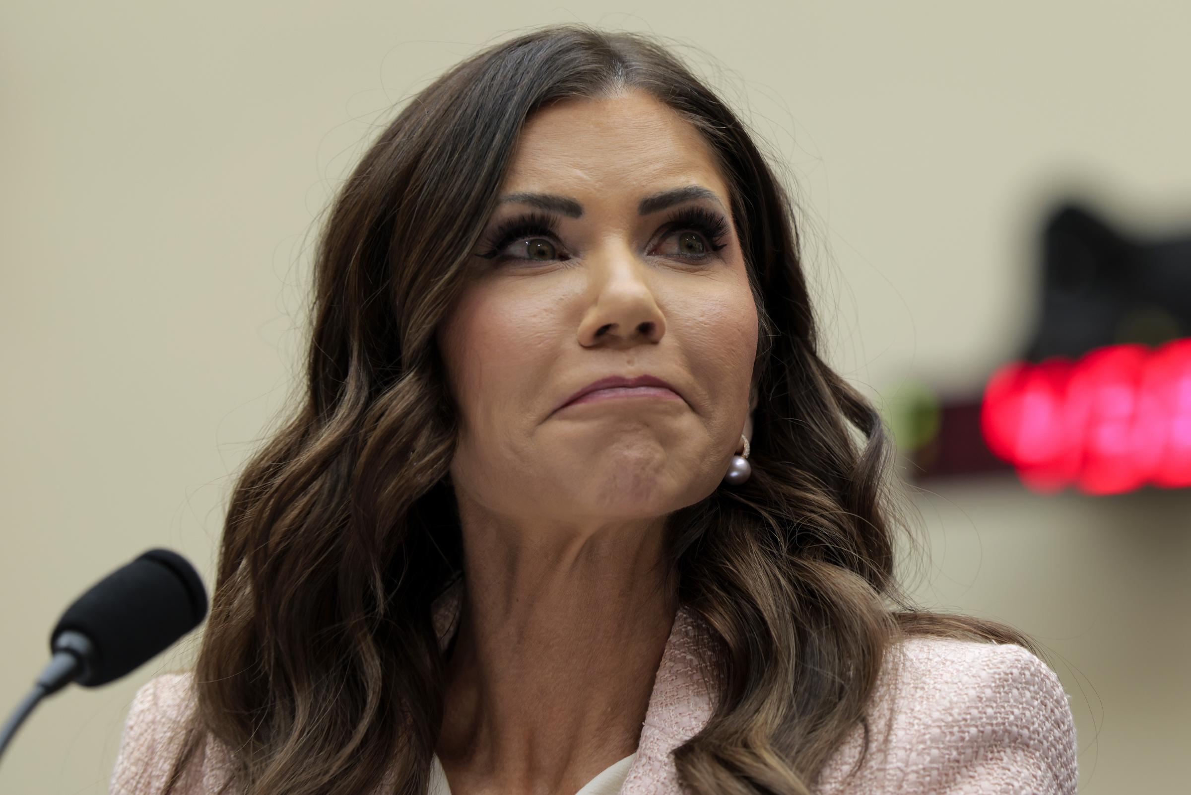 Kristi Noem purses her lips during a House Judiciary Committee hearing in the Rayburn House Office Building in Washington, D.C., on March 4, 2026. | Source: Getty Images