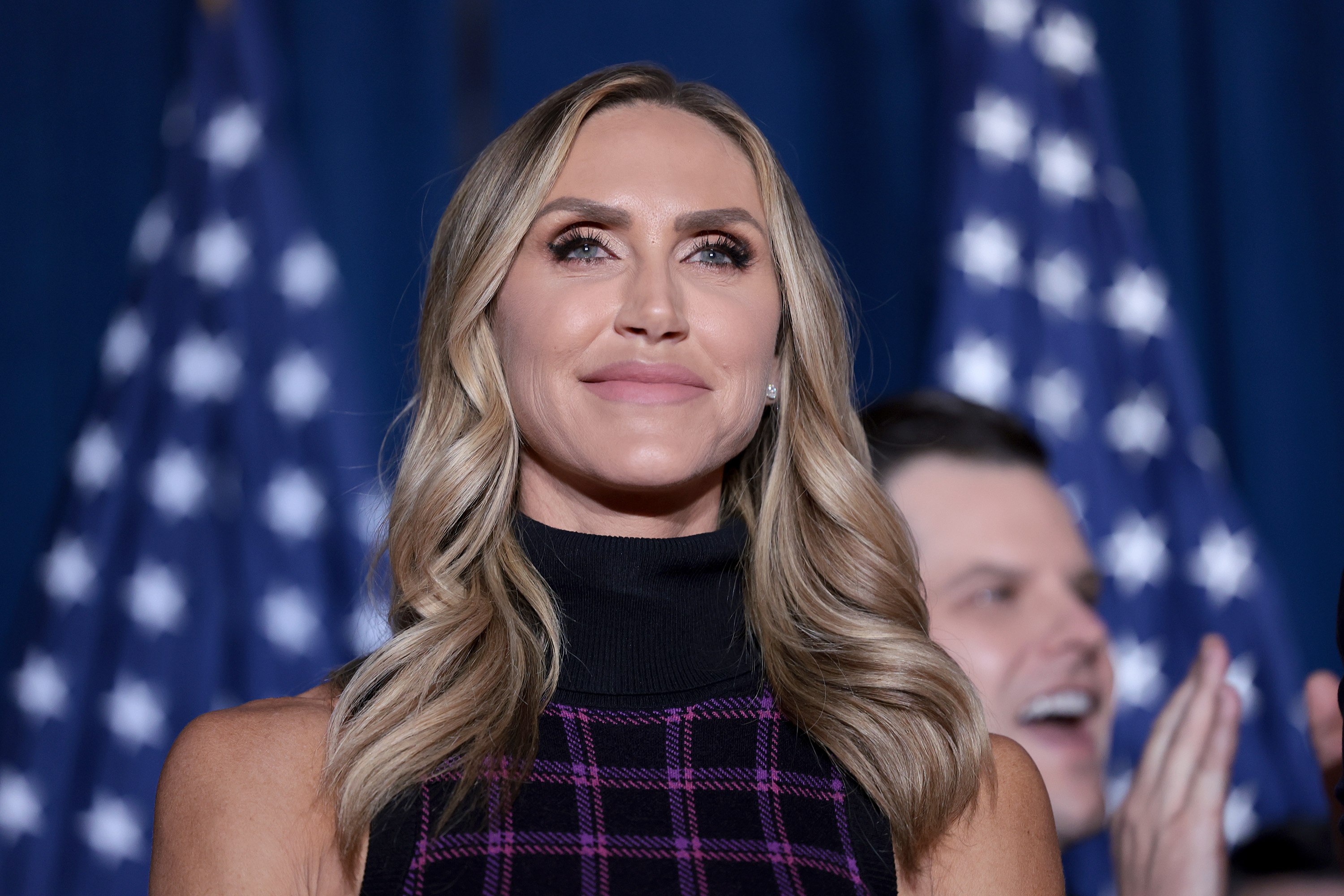 Lara Trump stands on stage during an election night watch party in Columbia, South Carolina, on February 24, 2024 | Source: Getty Images