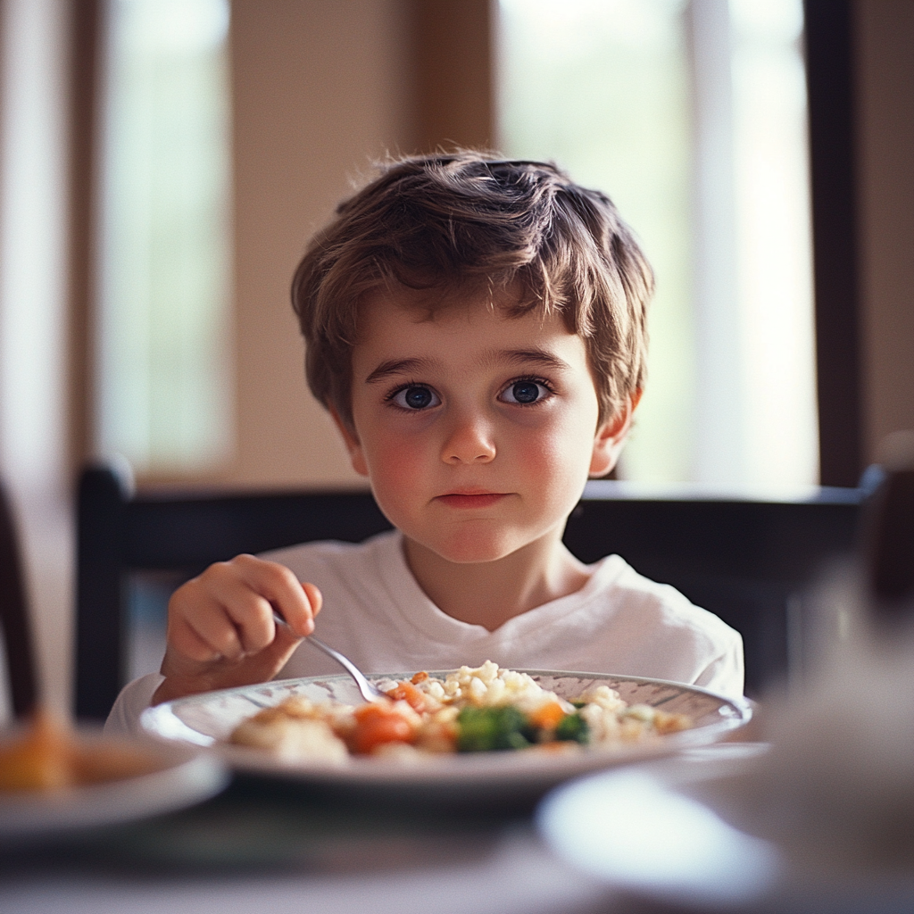 A boy eating dinner | Source: Midjourney