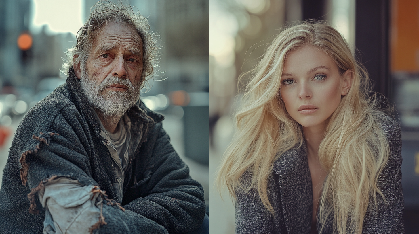 Homeless man and blond woman | Source: Midjourney