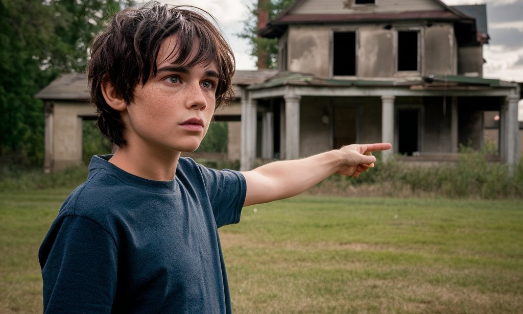 A young boy pointing towards something near the house behind him | Source: Midjourney