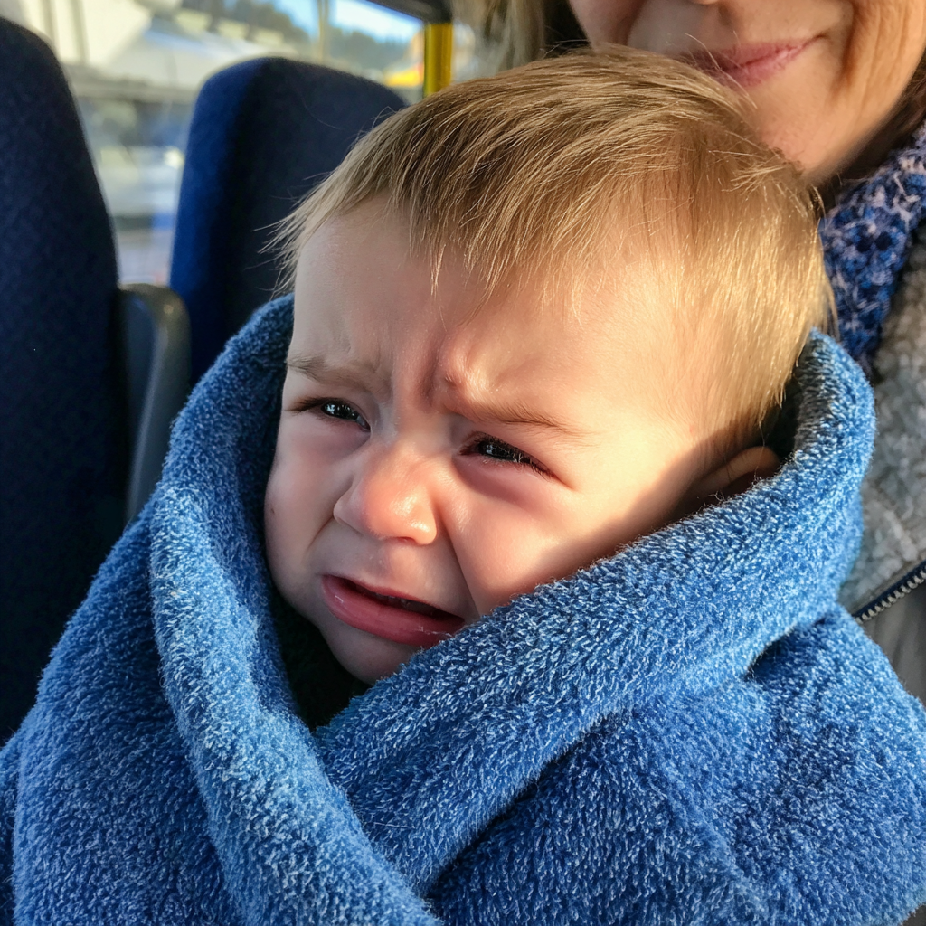 An upset baby boy wrapped in a blue blanket | Source: Midjourney