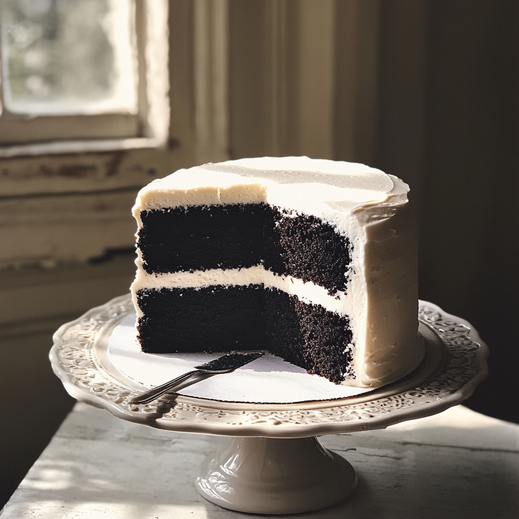 A black cake with white icing | Source: Midjourney