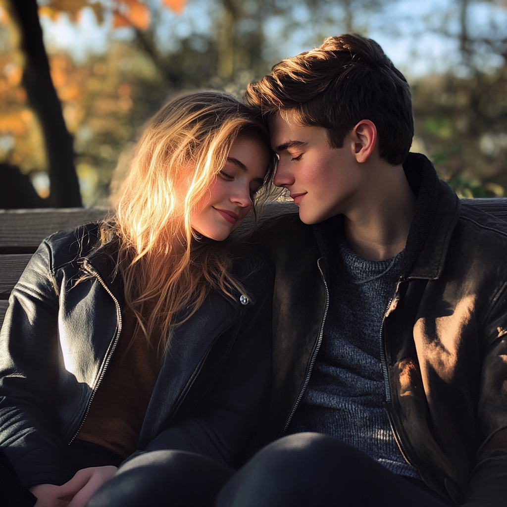 A teenage couple sitting on a bench | Source: Midjourney