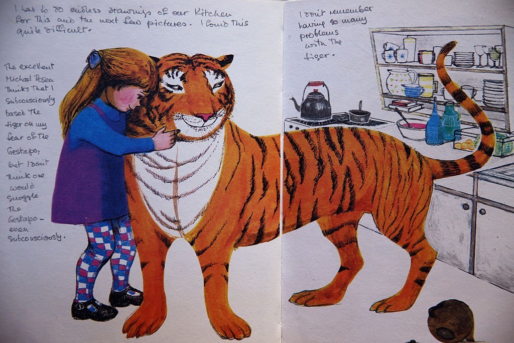 An annotated page from 'The Tiger who came to tea' by Judith Kerr is displayed at Sotheby's auction House in London in 2014. Photo: Getty Images