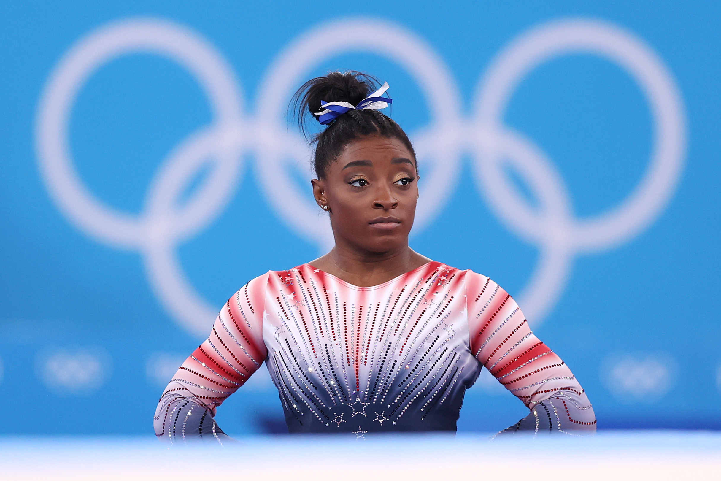 Simone Biles warms up prior to the Women's Balance Beam Final on day eleven of the Tokyo 2020 Olympic Games at Ariake Gymnastics Centre, on August 3, 2021, in Tokyo, Japan. | Source: Getty Images