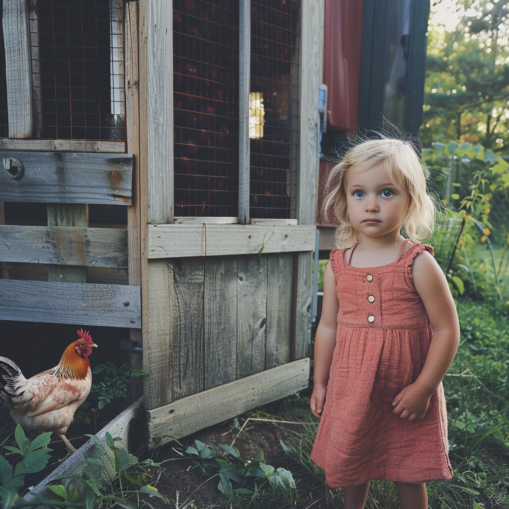 A little girl standing with a chicken coop | Source: Midjourney