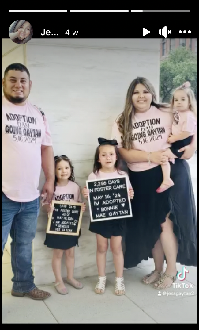 Jess and Jorge Gaytan and her husband pictured with Genesis, Bonnie, and Sophie, on Genesis and Bonnie's adoption day, May 16, 2024 | Source: Facebook/jess.flores.33