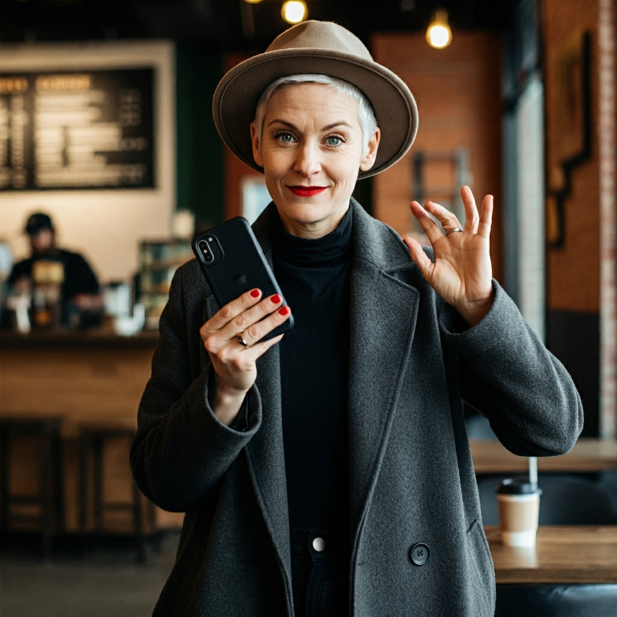 A woman smiling with her phone up | Source: Gemini