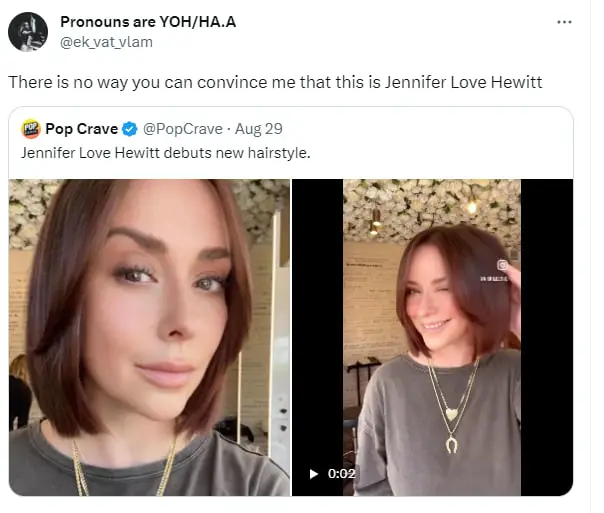 A screenshot of a fan's Twitter comment expressing doubt on whether the person in the picture is Jennifer Love Hewitt. | Source: twitter.com/PopCrave
