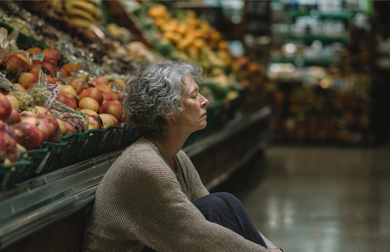 An upset woman sitting on the floor of a grocery store | Source: Midjourney