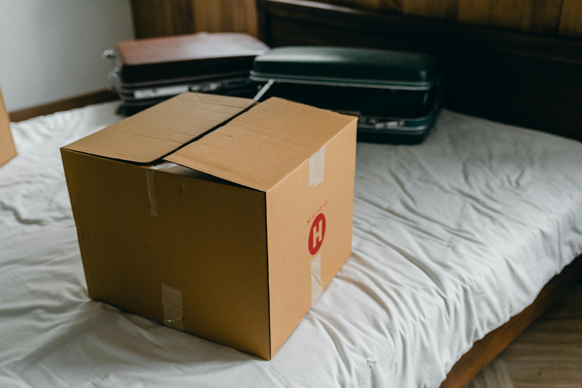 A cardboard box and suitcases sitting on a bed | Source: Pexels