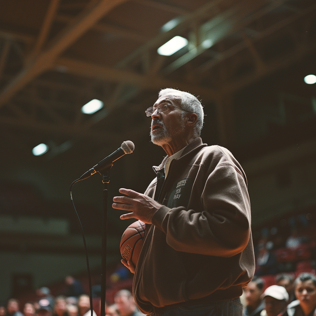 Jason's headmaster speaking on a mic at the basketball game | Source: Midjourney