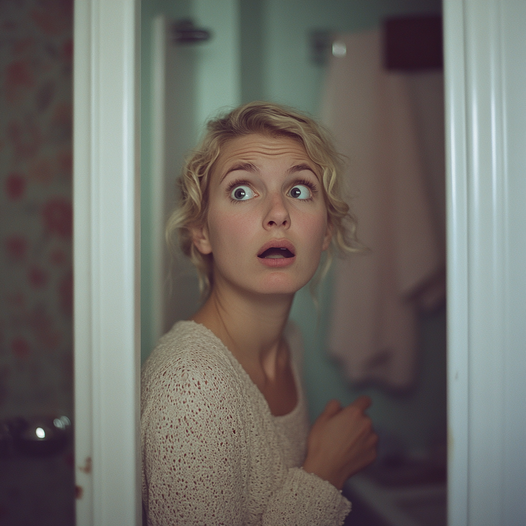 A shocked woman in a bathroom | Source: Midjourney