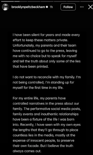 The beginning of Brooklyn Beckham's statement about his family feud, posted via Instagram Stories on January 20, 2026. | Source: Instagram/brooklynpeltzbeckham