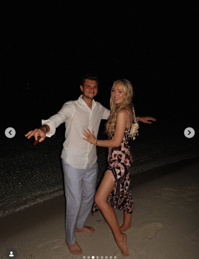 Tiffany Trump poses barefoot on the beach with Eric Trump during Donald Trump Jr.’s wedding weekend celebration in the Bahamas. | Source: Instagram/tiffanytrump