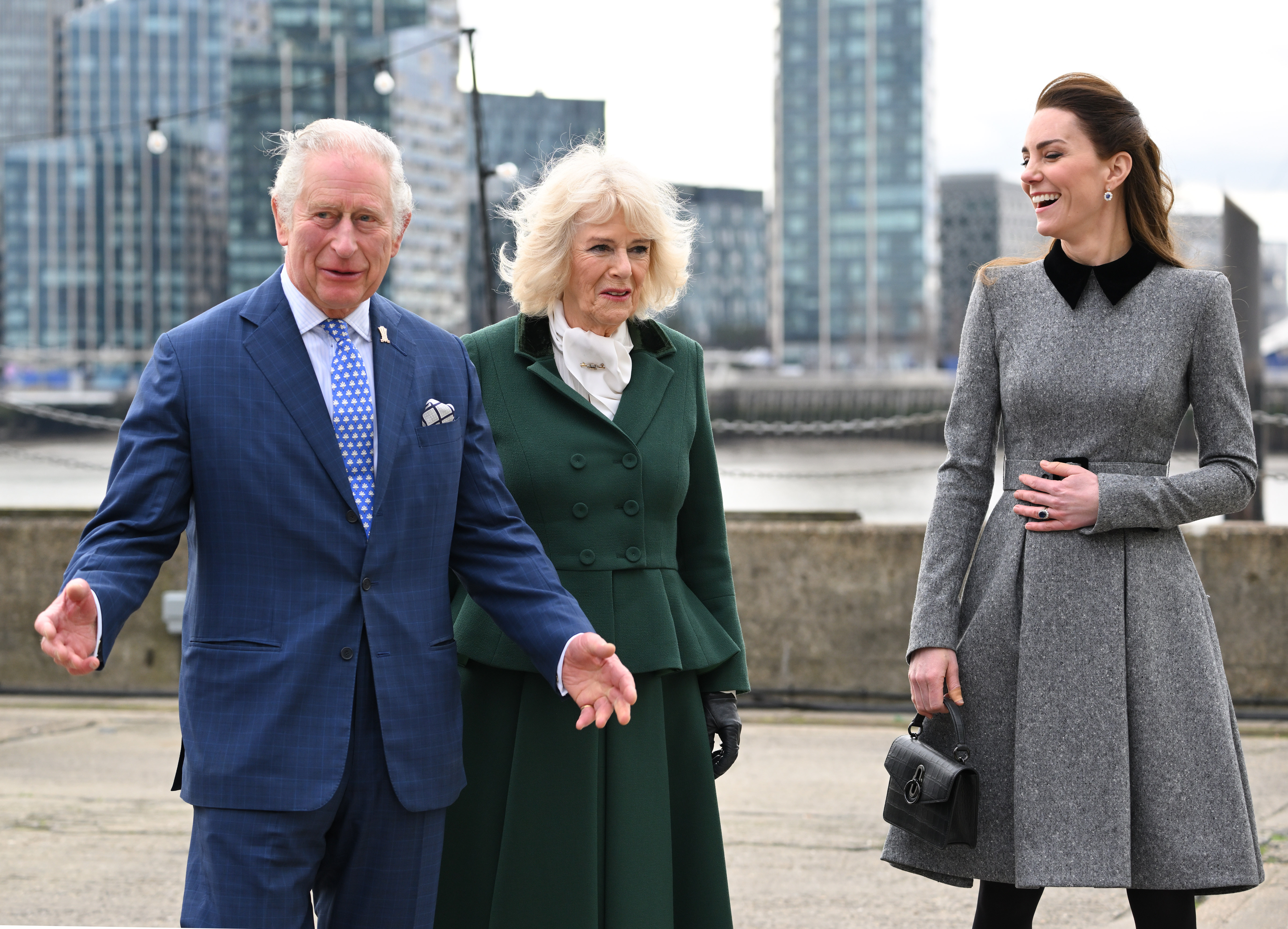 King Charles III, Queen Camilla, and Princess Catherine on their visit to The Prince's Foundation training site for arts and culture at Trinity Buoy Wharf on February 03, 2022 in London, England | Source: Getty Images