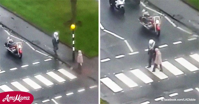 Biker helped elderly woman across the road after none of the cars stopped for her