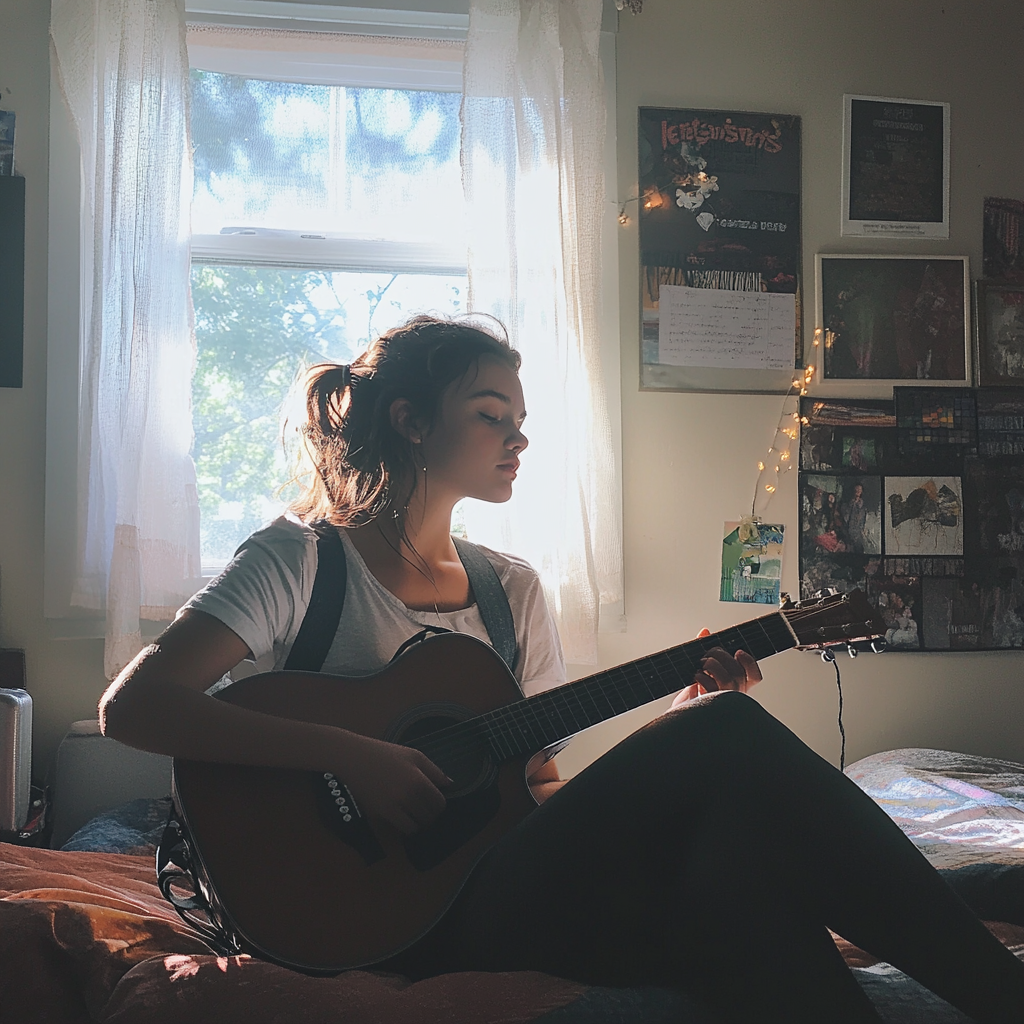 A teenage girl sitting in her room and singing | Source: Midjourney