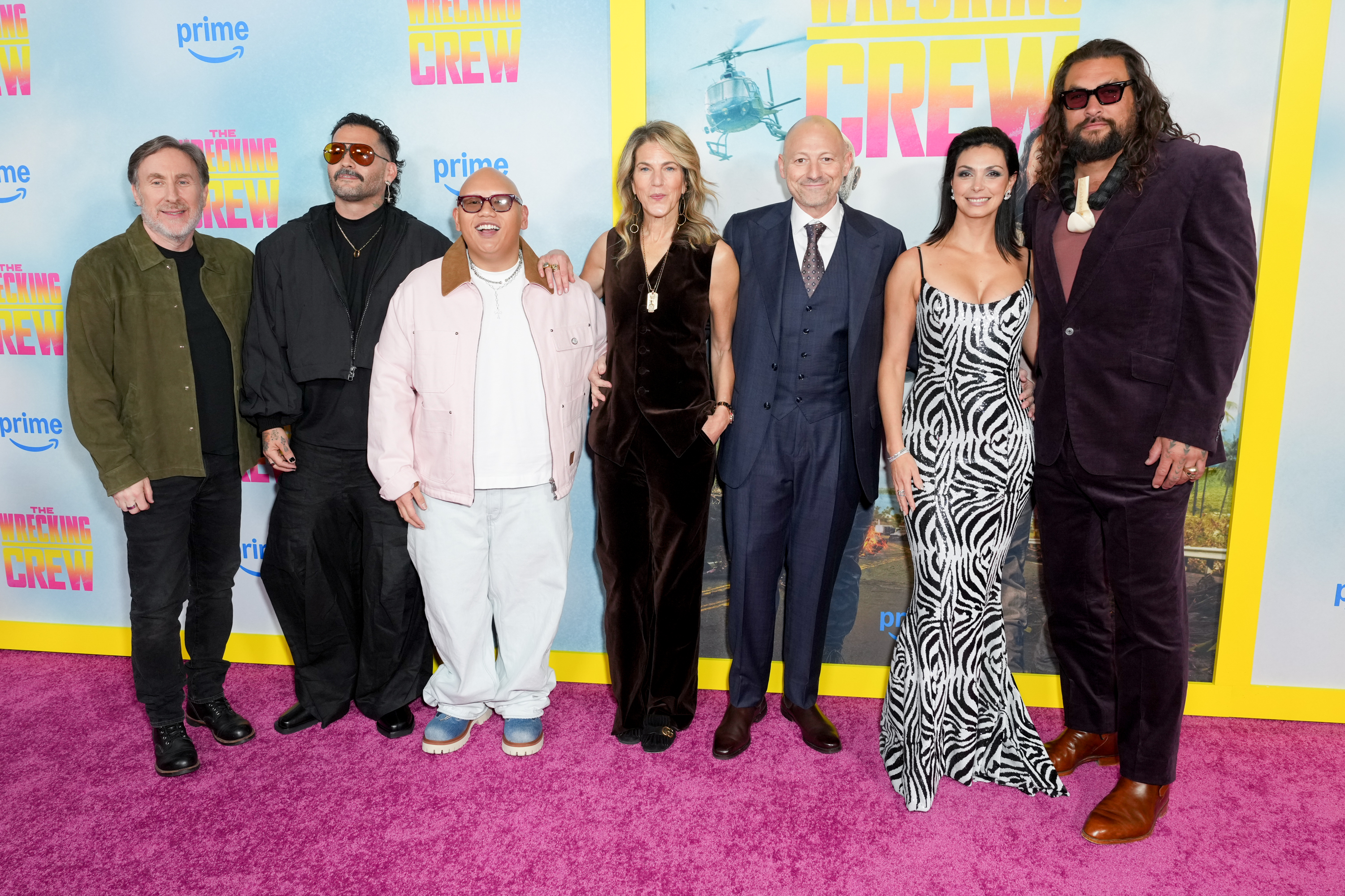 Jason Momoa, Jonathan Tropper, Angel Manuel Soto, Jacob Batalon, Jeffrey Fierson, and Morena Baccarin are at  "The Wrecking Crew" New York Special Screening held at the Regal Times Square on January 15, 2026. | Source: Getty Images