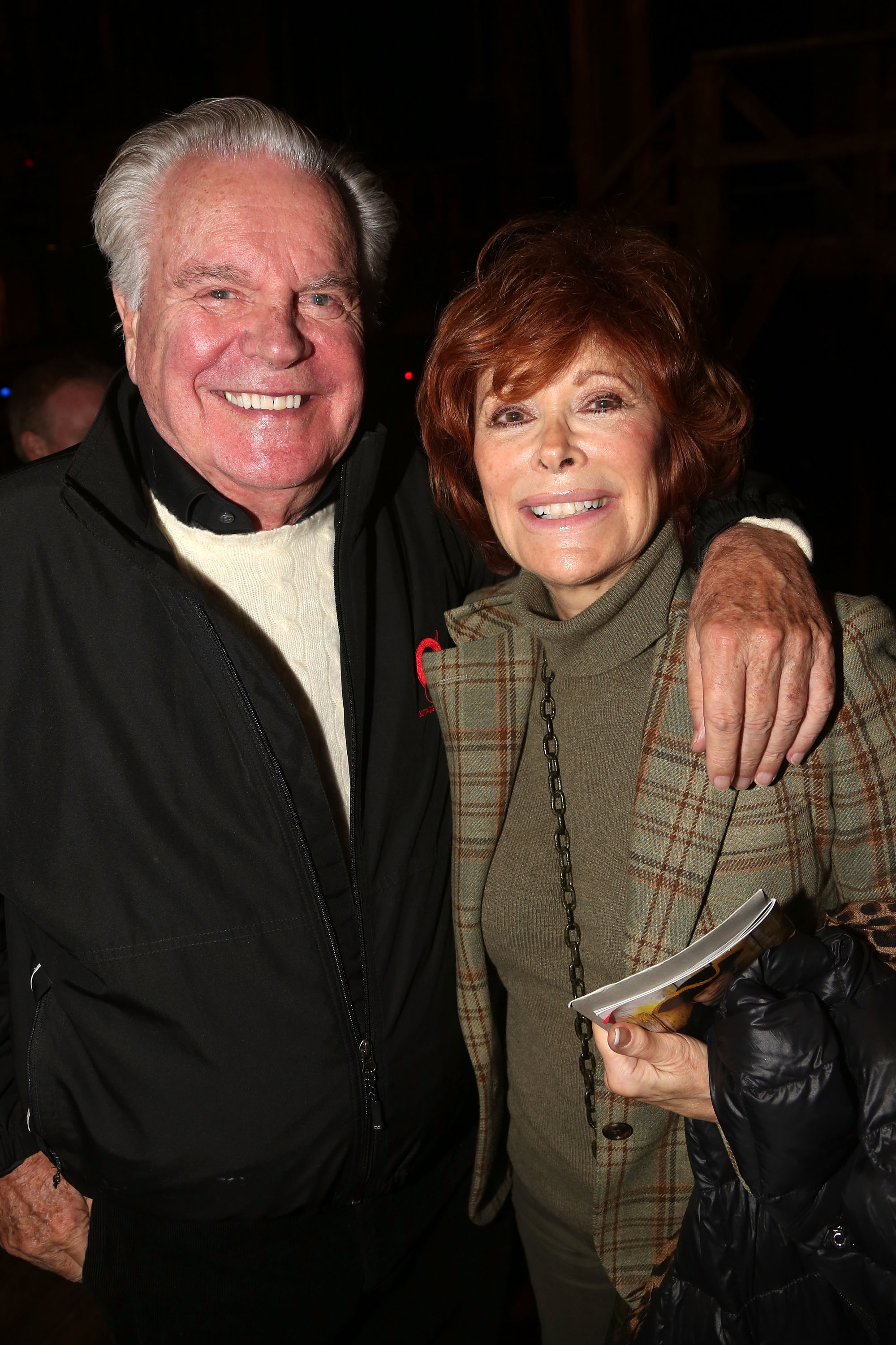Robert Wagner and his wife Jill St. John pose backstage at the hit musical "Hamilton" on Broadway at The Richard Rogers Theater on October 28, 2015 in New York City | Source: Getty Images