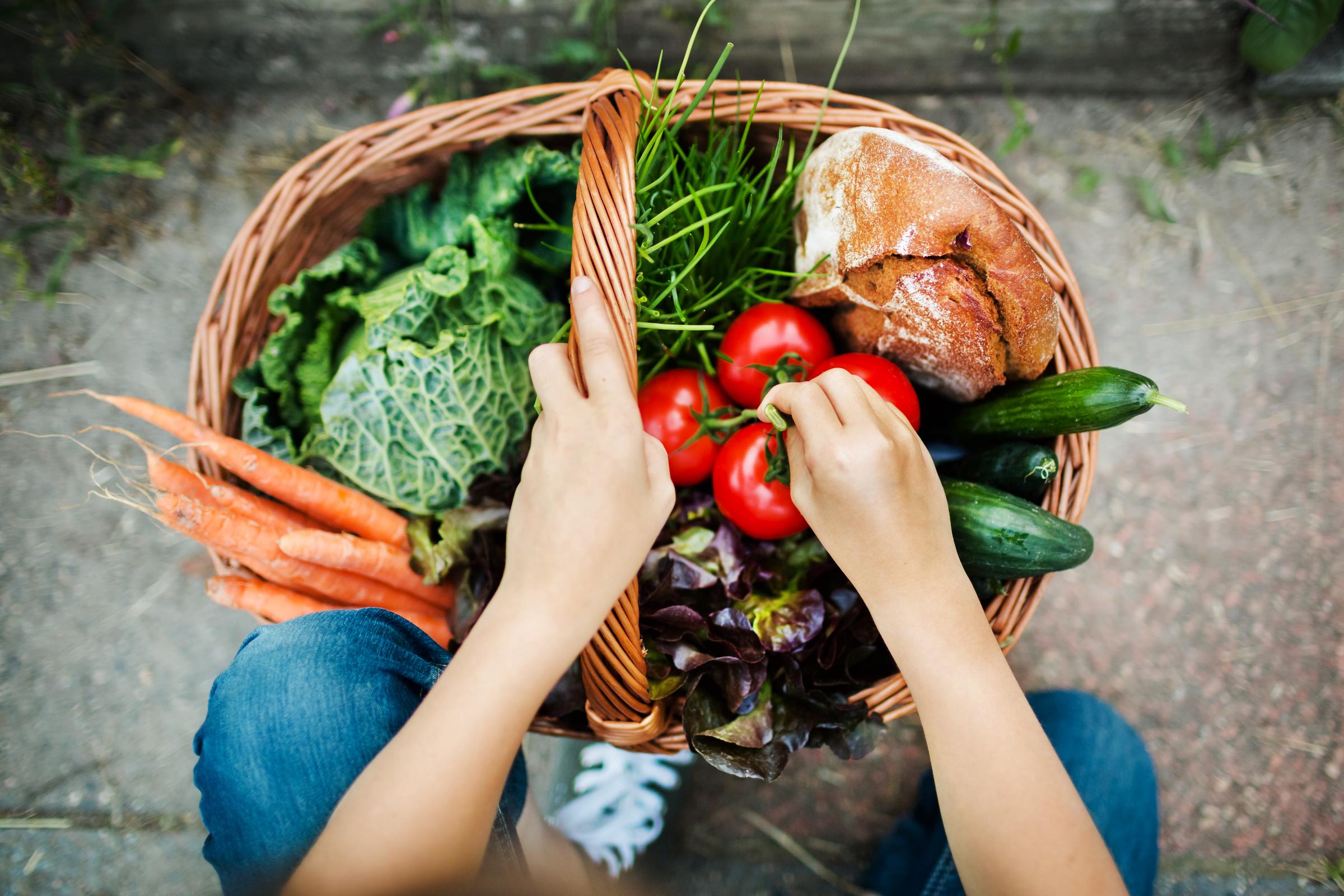 A girl putting freshly harvested vegetables in a basket | Source: Getty Images