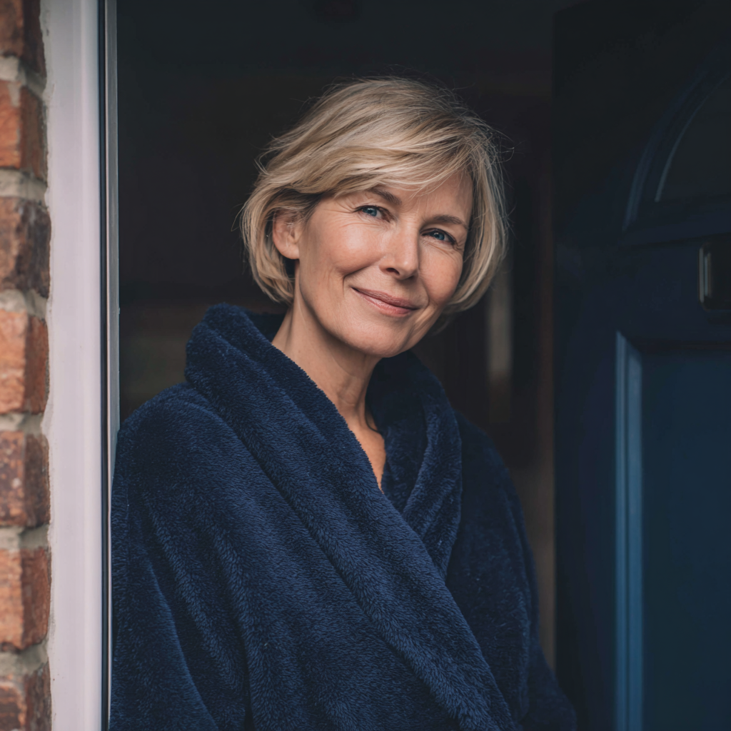 A smiling woman standing at her front door | Source: Midjourney