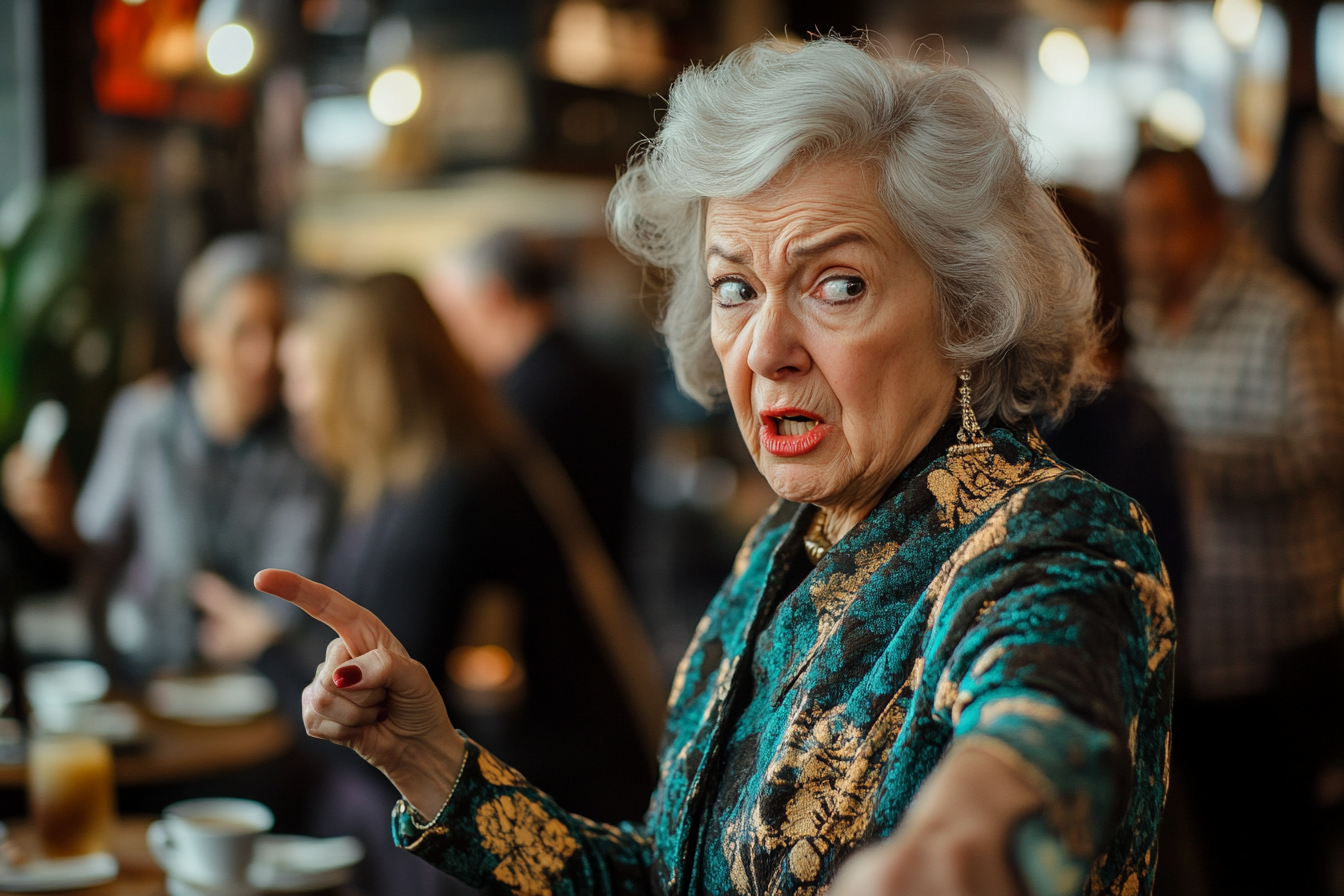 An older woman pointing outside a coffee shop | Source: Midjourney