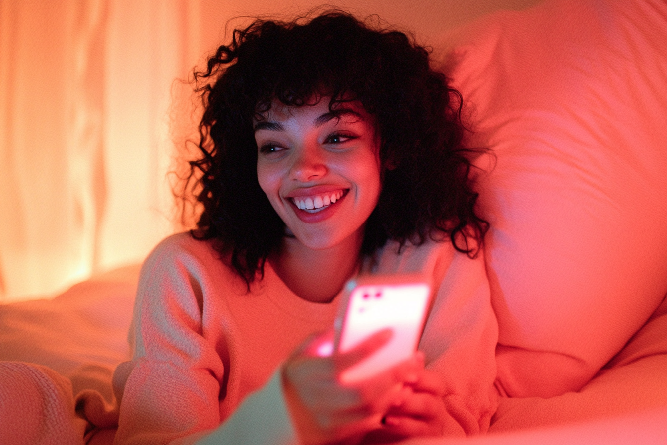 A woman in bed using a phone | Source: Midjourney