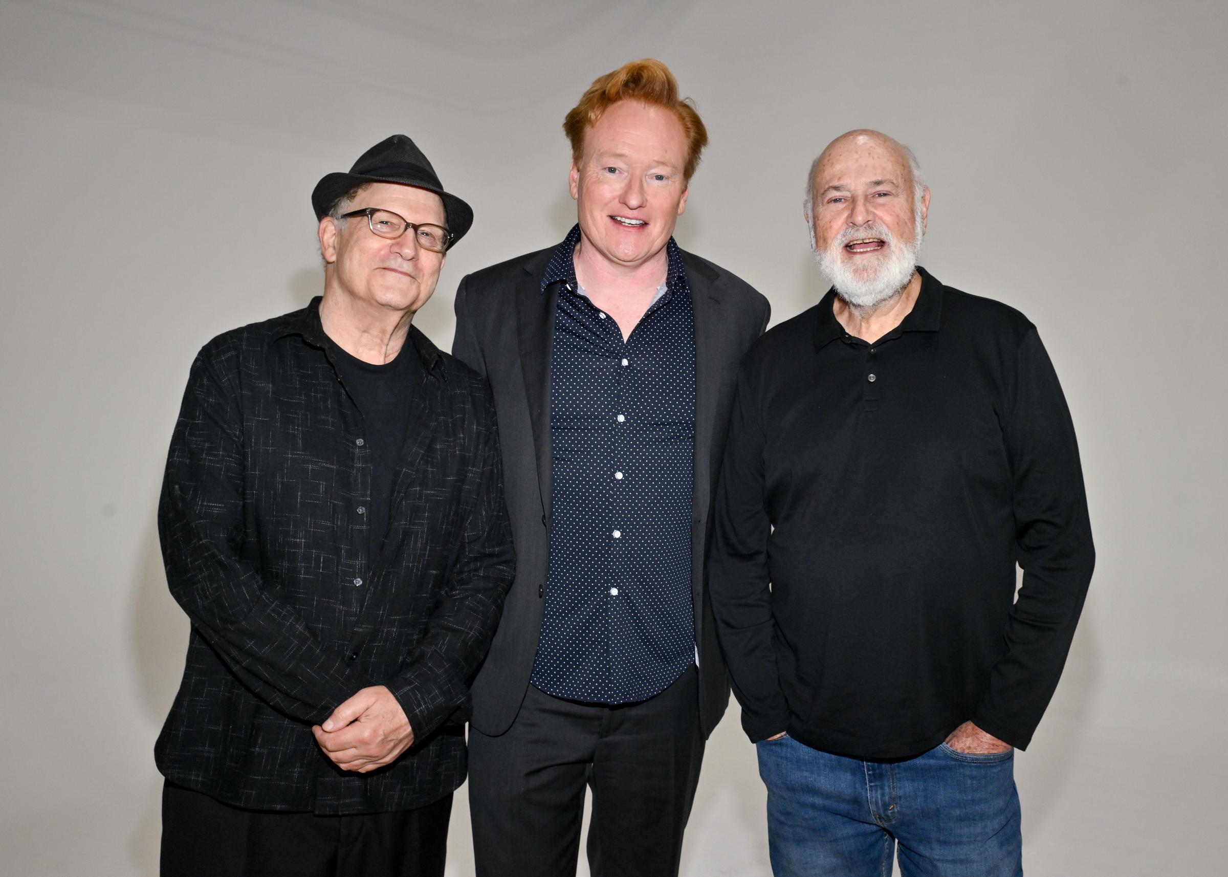 Albert Brooks, Conan O'Brien and Rob Reiner at the HBO | Max Emmy Nominee Celebration held at NYA East in California  on August 11, 2024. | Source: Getty Images