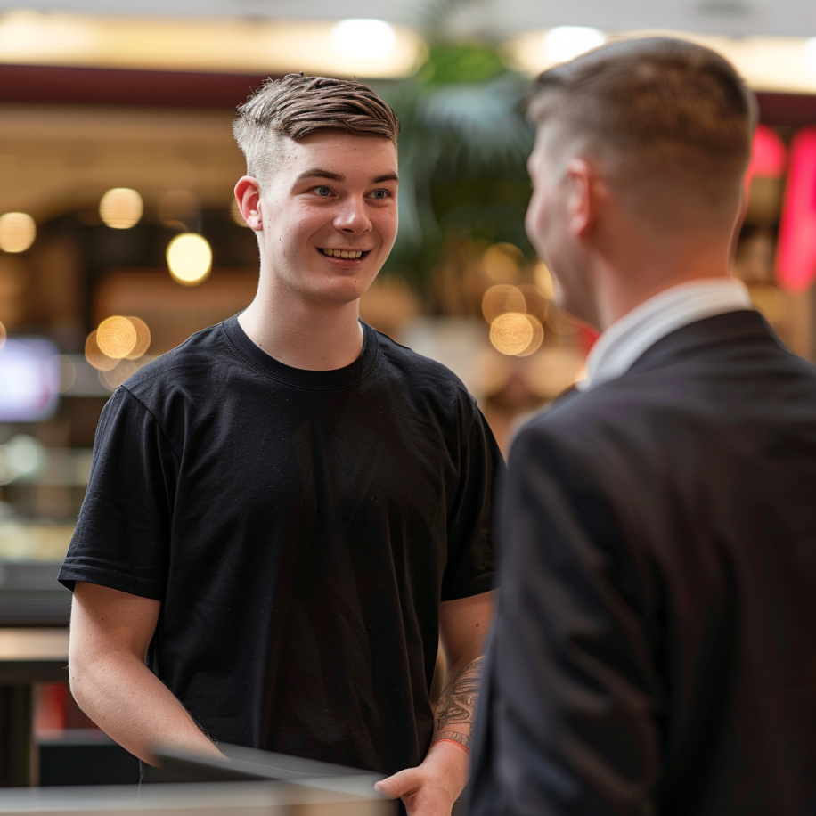 A restaurant server guy is pictured talking to his manager | Source: Midjourney