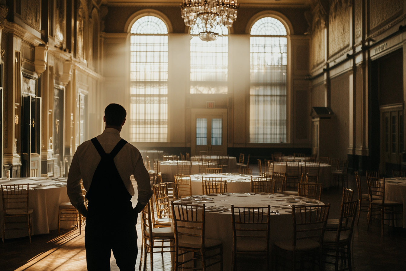 A cater waiter in an empty ballroom | Source: Midjourney